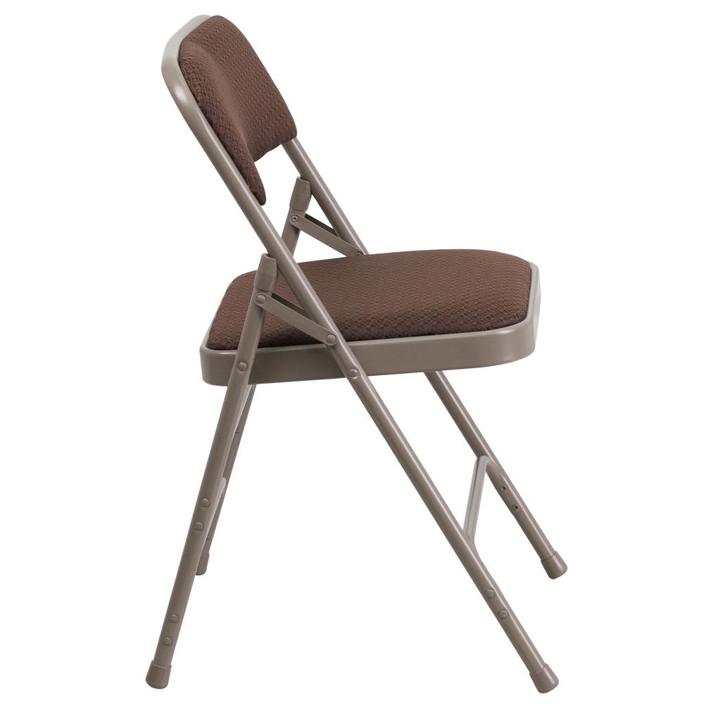 Curved Triple Braced & Double Hinged Brown Patterned Fabric Metal Folding Chair. Picture 3
