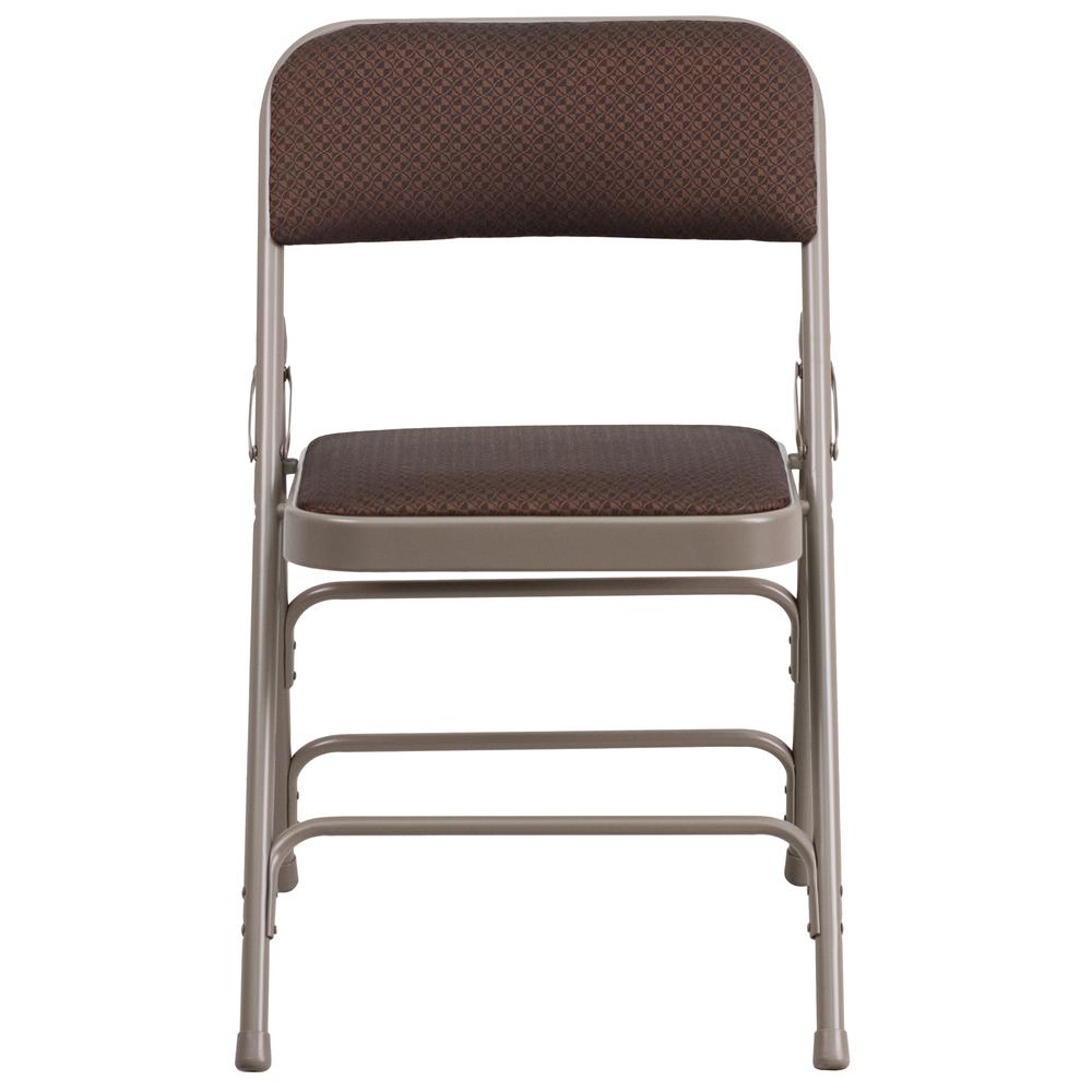 Curved Triple Braced & Double Hinged Brown Patterned Fabric Metal Folding Chair. Picture 5