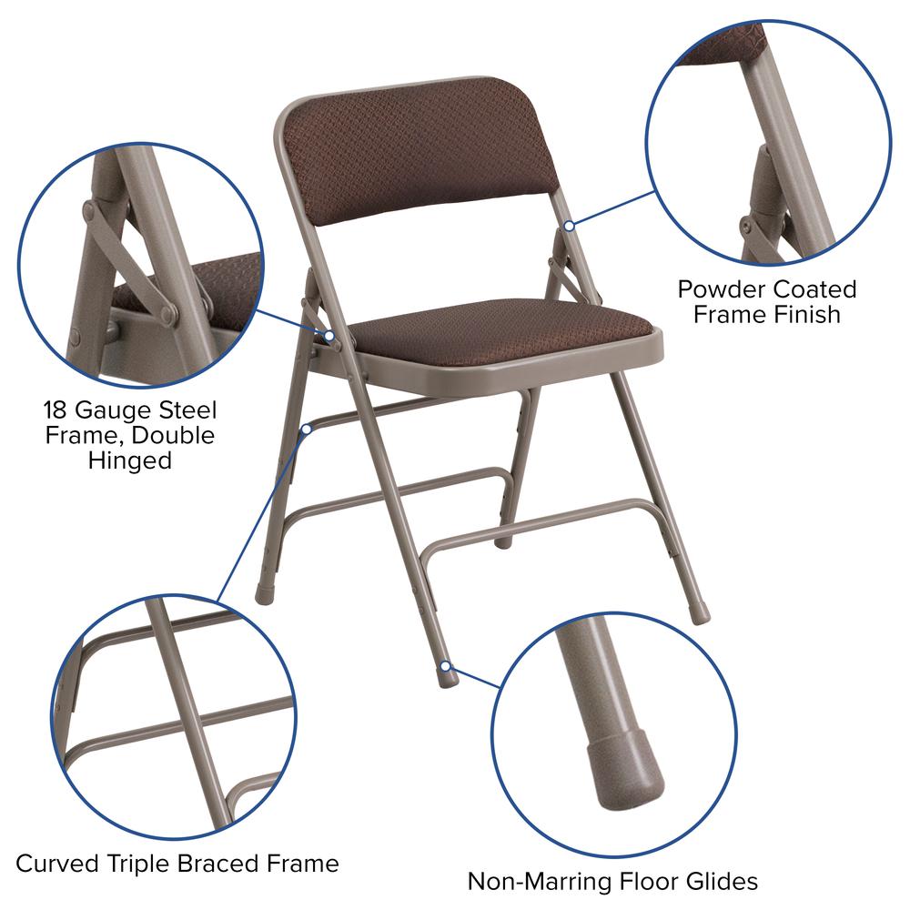 Curved Triple Braced & Double Hinged Brown Patterned Fabric Metal Folding Chair. Picture 6
