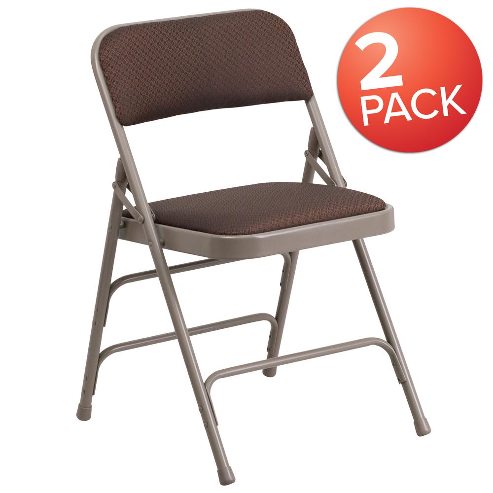 Curved Triple Braced & Double Hinged Brown Patterned Fabric Metal Folding Chair. Picture 8