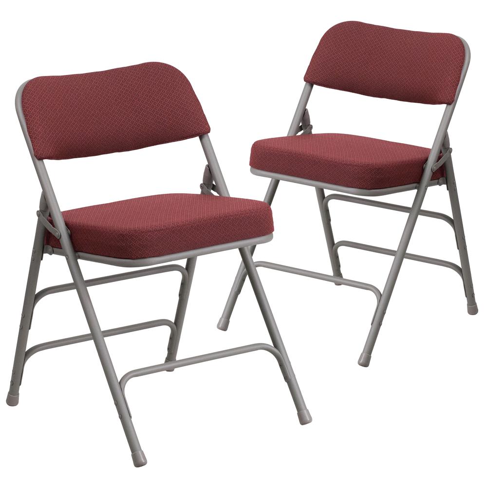 18"W Premium Curved Triple Braced & Double Hinged Burgundy Fabric Metal Folding Chair. Picture 1