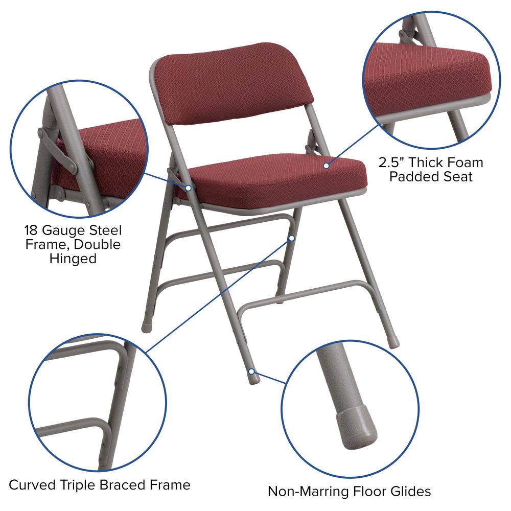 18"W Premium Curved Triple Braced & Double Hinged Burgundy Fabric Metal Folding Chair. Picture 6