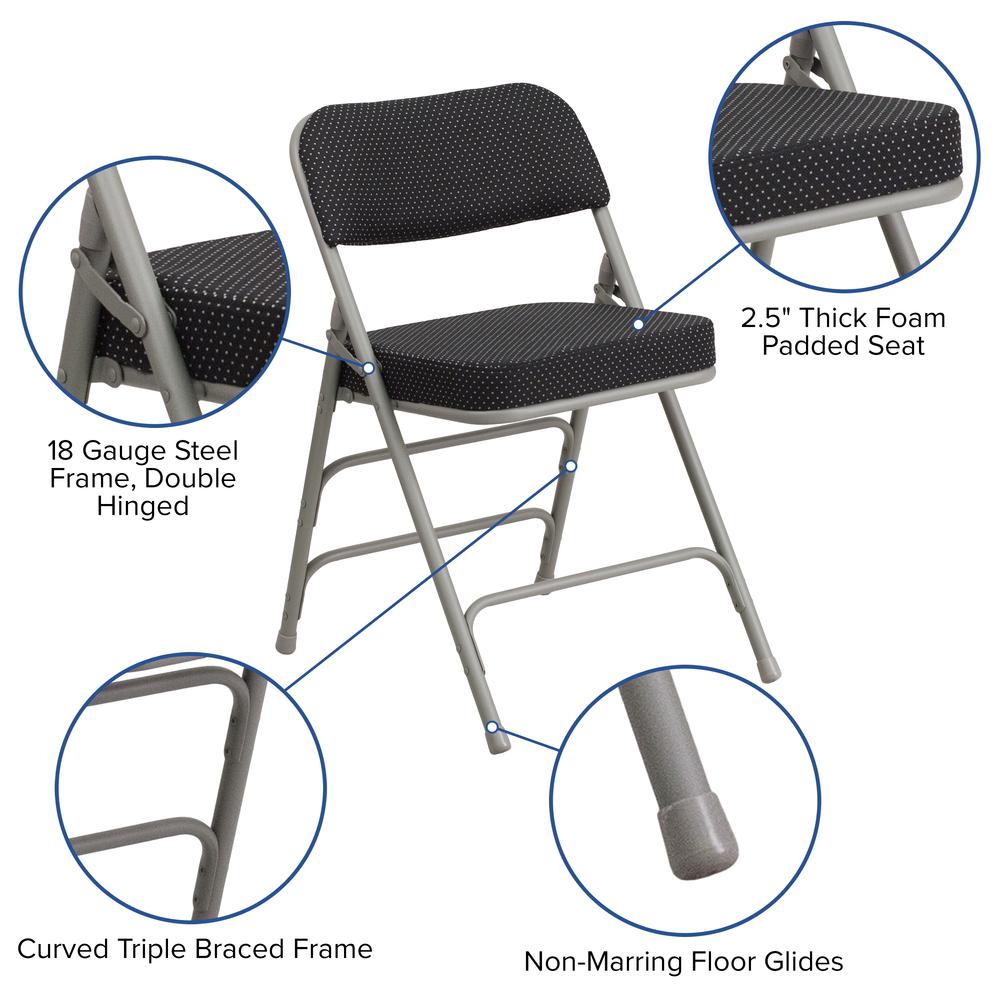 Premium Curved Triple Braced & Double Hinged Black Pin-Dot Fabric Metal Folding Chair. Picture 6