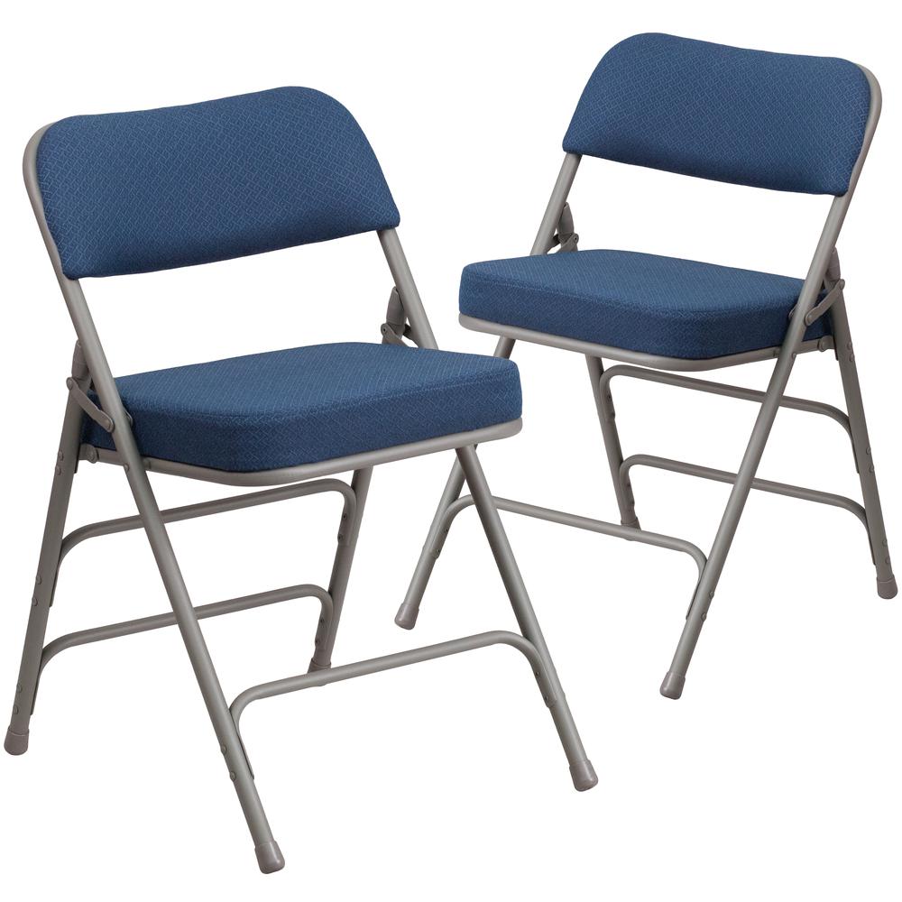 18"W Premium Curved Triple Braced & Double Hinged Navy Fabric Metal Folding Chair. Picture 1