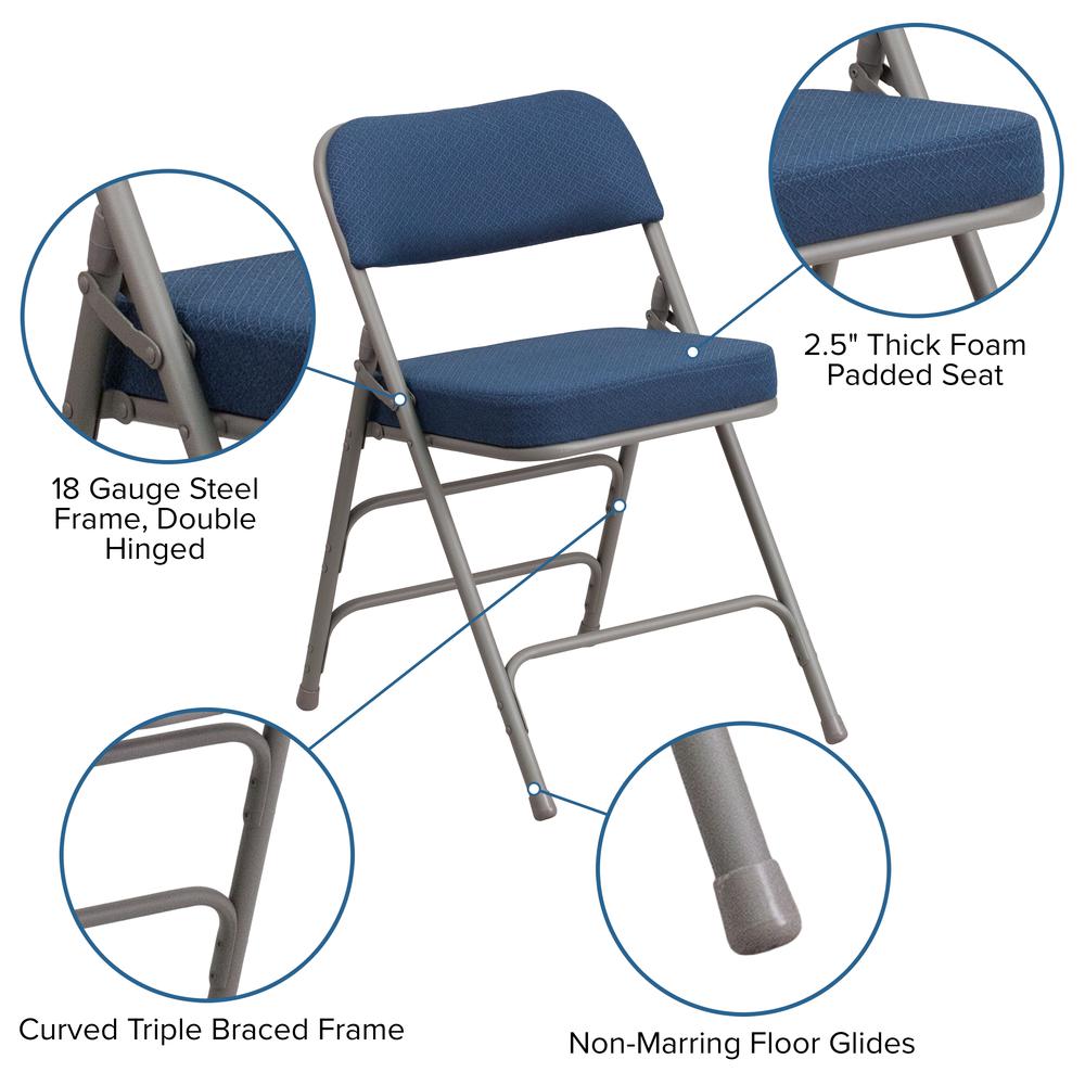 18"W Premium Curved Triple Braced & Double Hinged Navy Fabric Metal Folding Chair. Picture 6