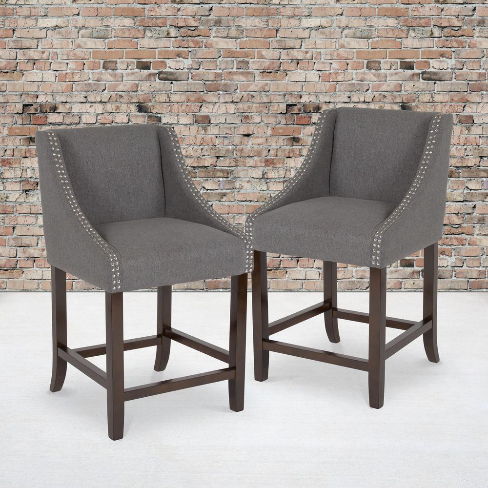 24" High Walnut Counter Height Stool in Dark Gray Fabric, Set of 2. Picture 1