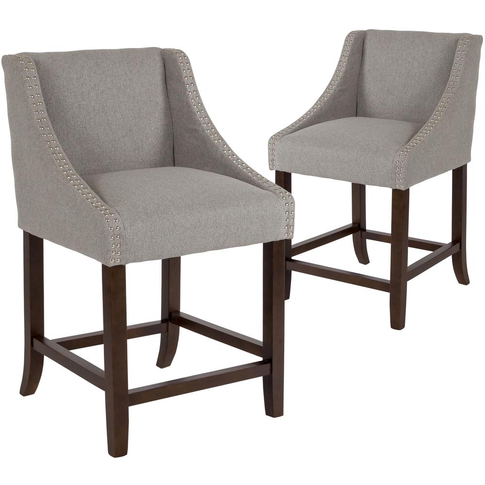 24" High Walnut Counter Height Stool in Light Gray Fabric, Set of 2. Picture 1