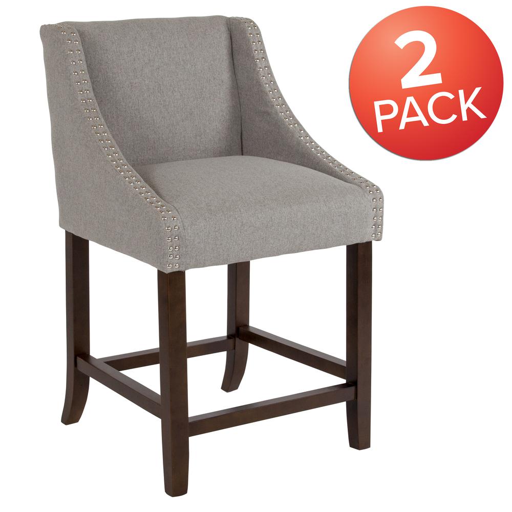 24" High Walnut Counter Height Stool in Light Gray Fabric, Set of 2. Picture 4