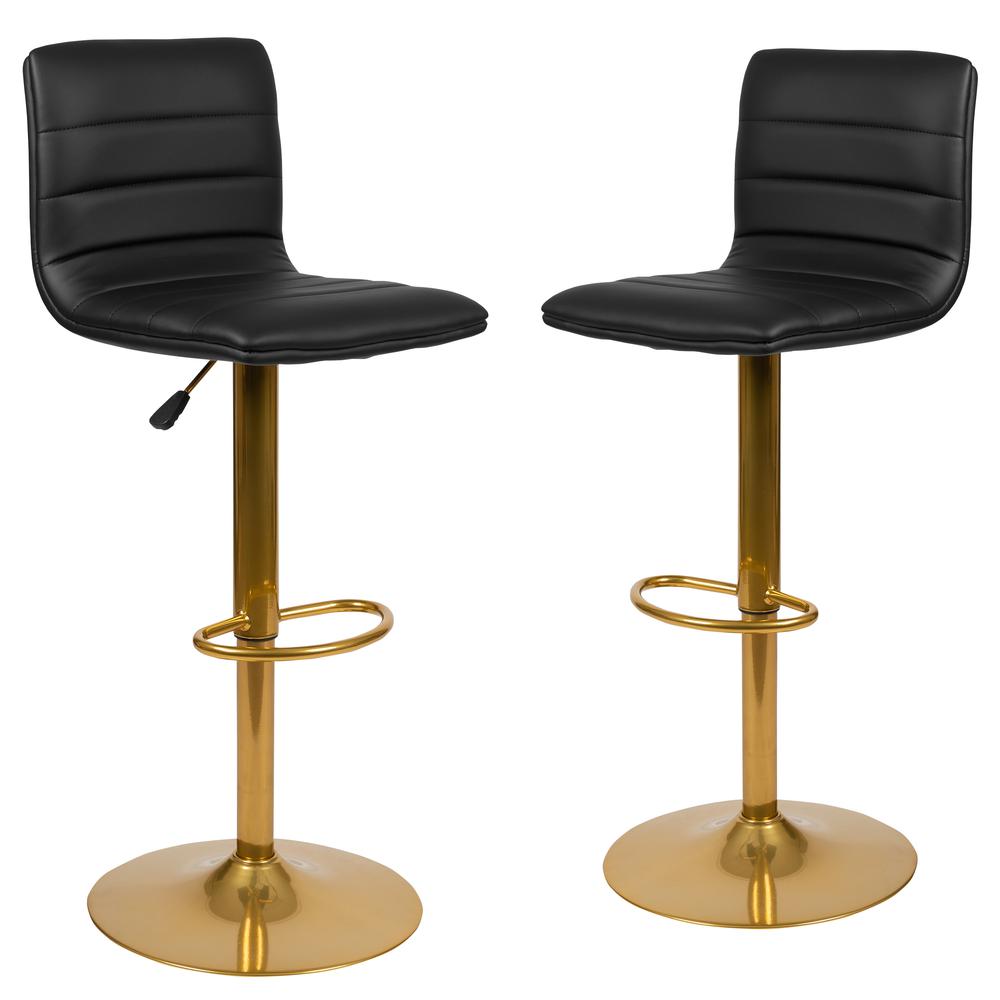 Vincent Modern Black Vinyl Adjustable Bar Stool with Back, Counter Height Swivel Stool with Gold Pedestal Base, Set of 2. The main picture.