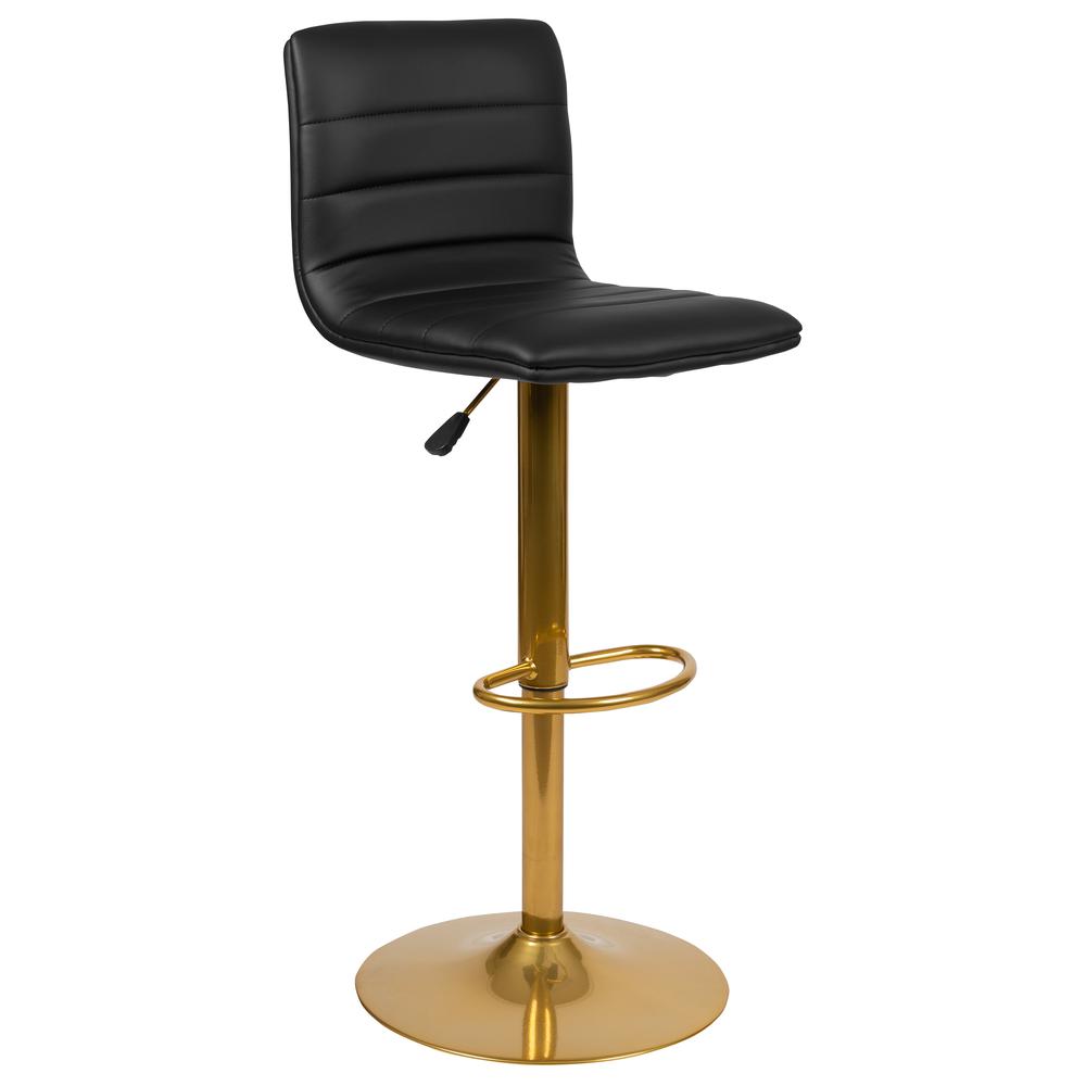 Vincent Modern Black Vinyl Adjustable Bar Stool with Back, Counter Height Swivel Stool with Gold Pedestal Base, Set of 2. Picture 2