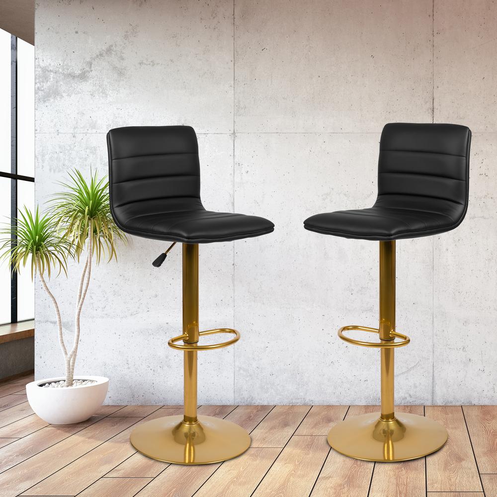 Vincent Modern Black Vinyl Adjustable Bar Stool with Back, Counter Height Swivel Stool with Gold Pedestal Base, Set of 2. Picture 12