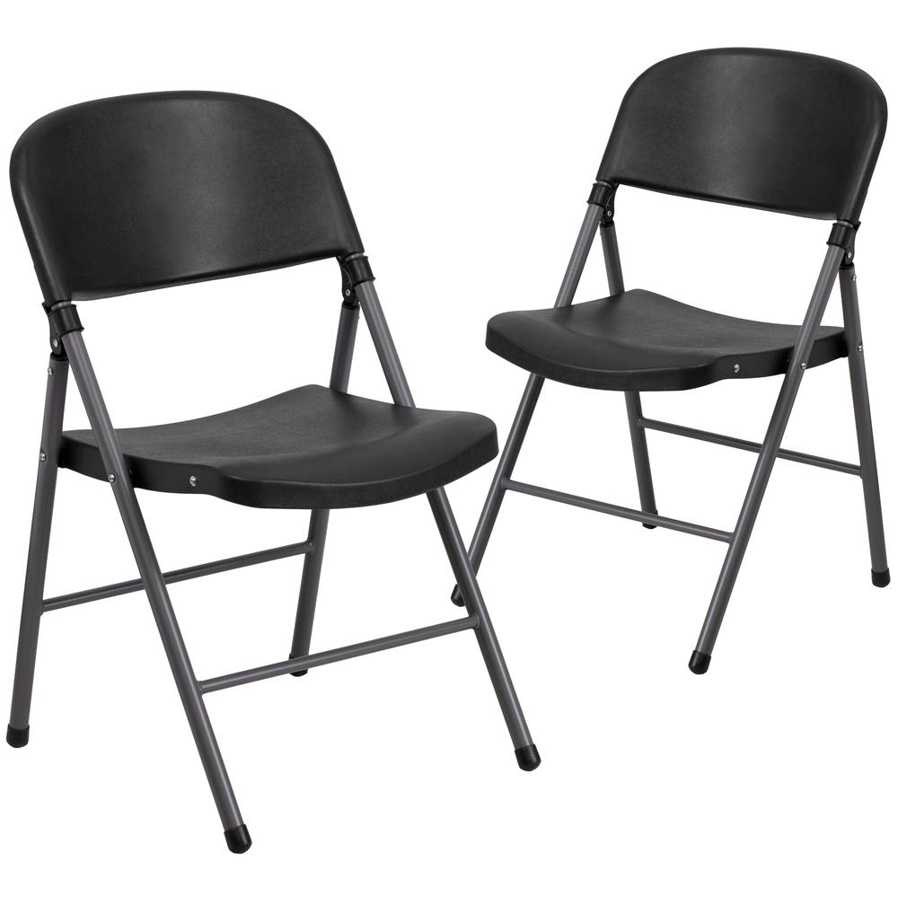 330 lb. Capacity Black Plastic Folding Chair with Charcoal Frame. Picture 1