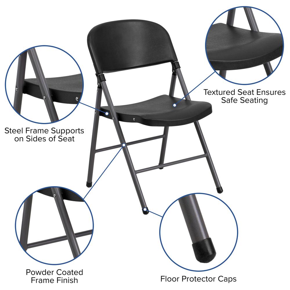 330 lb. Capacity Black Plastic Folding Chair with Charcoal Frame. Picture 6