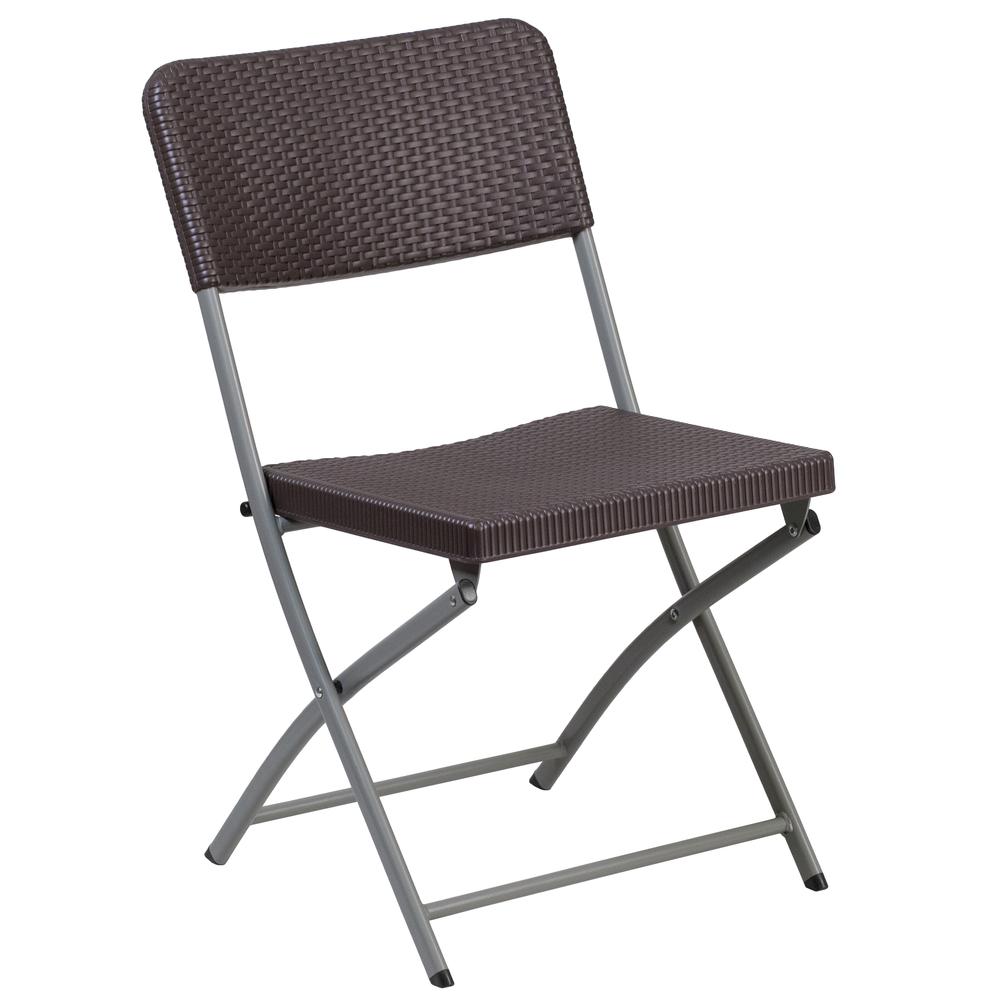 Brown Rattan Plastic Folding Chair with Gray Frame. Picture 3