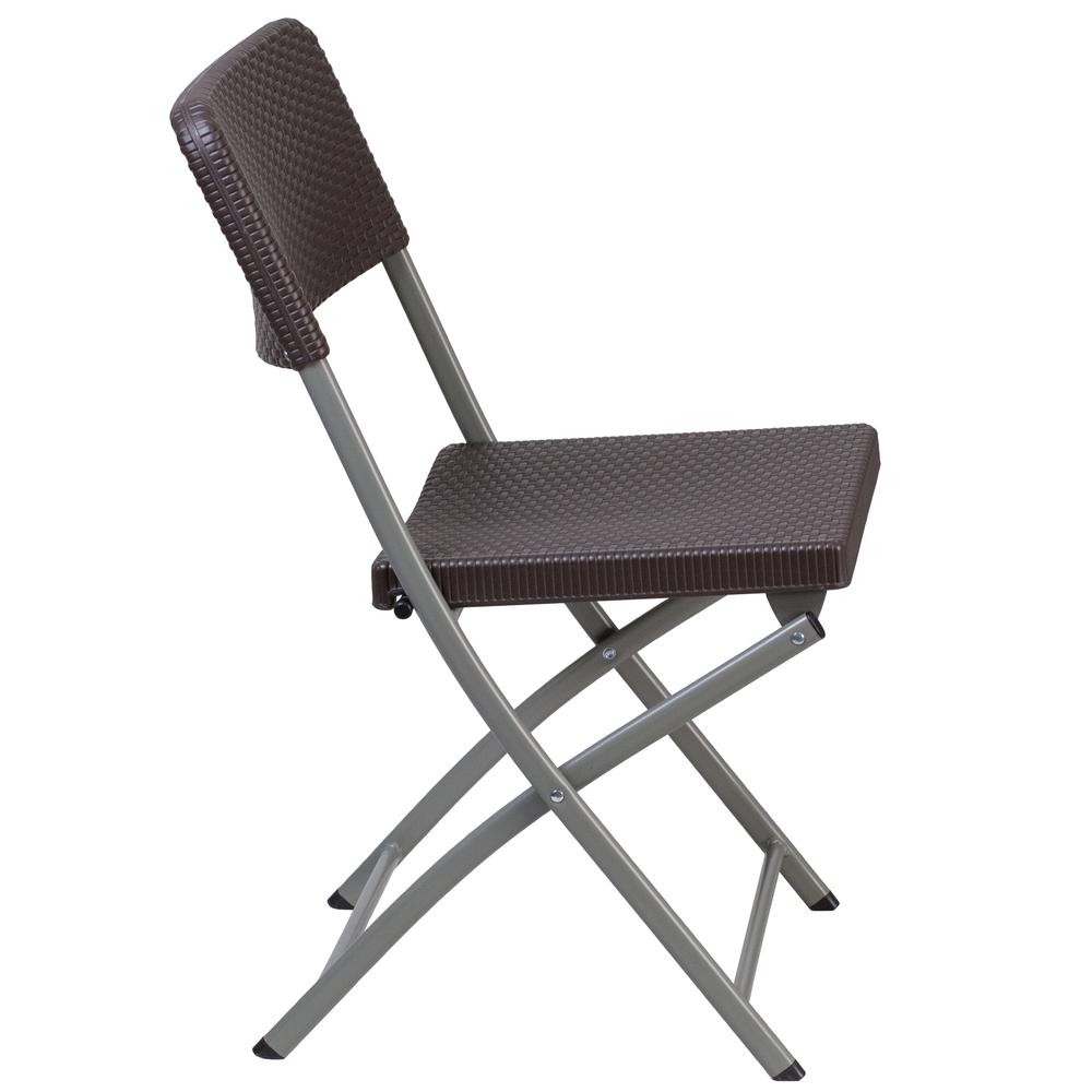 Brown Rattan Plastic Folding Chair with Gray Frame. Picture 4