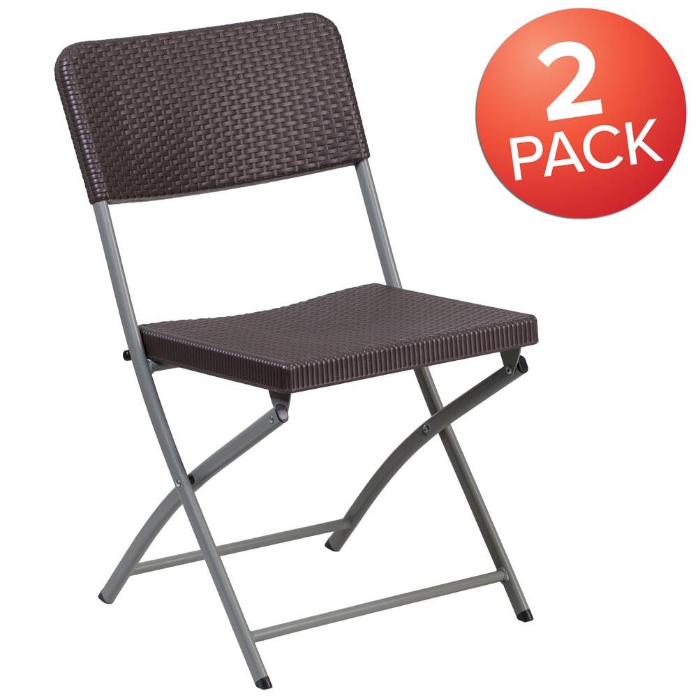 Brown Rattan Plastic Folding Chair with Gray Frame. Picture 9