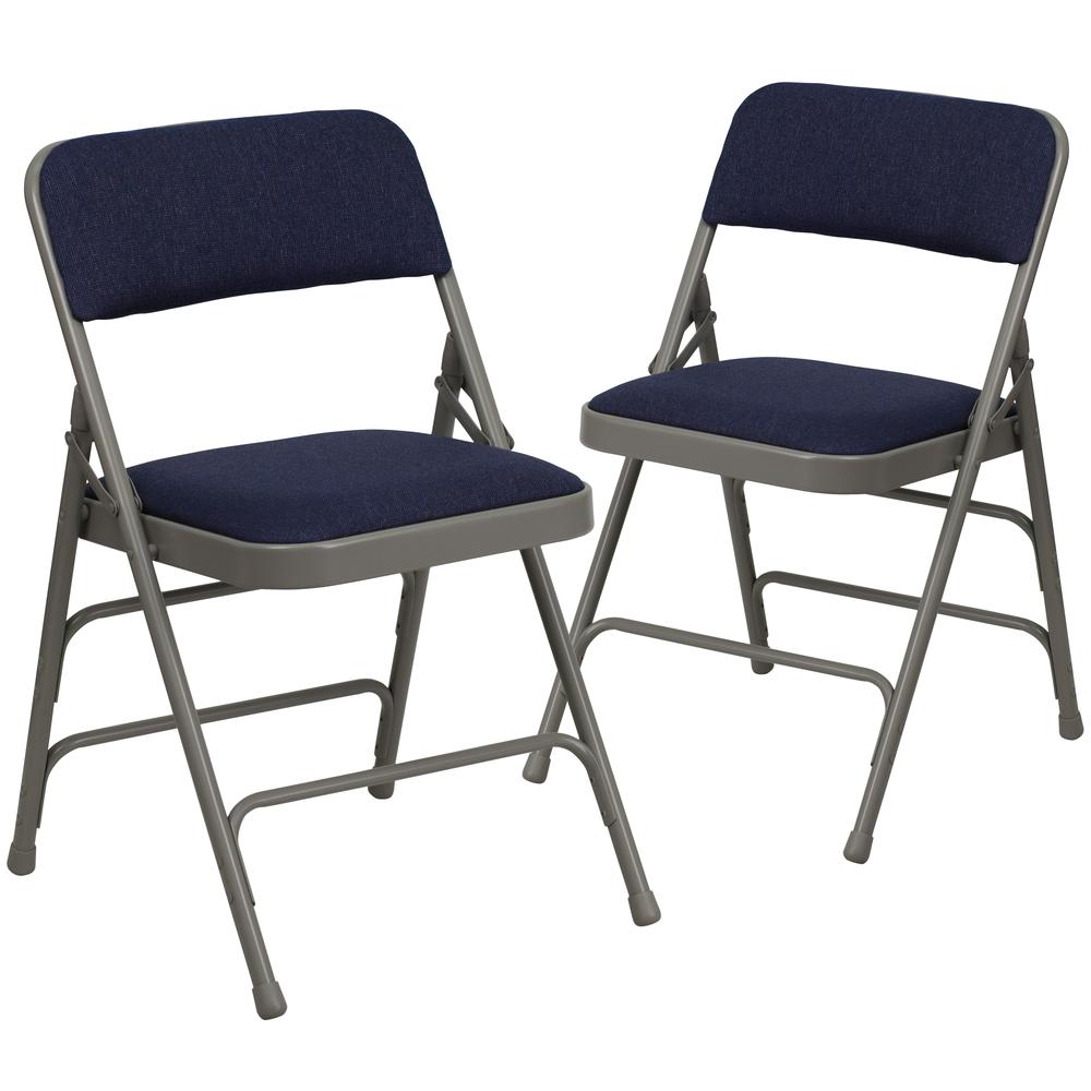 Curved Triple Braced & Double Hinged Navy Fabric Metal Folding Chair. Picture 1