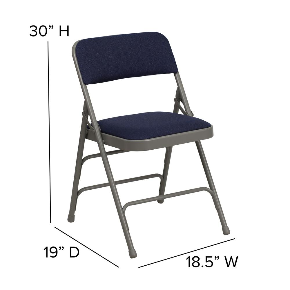 Curved Triple Braced & Double Hinged Navy Fabric Metal Folding Chair. Picture 2