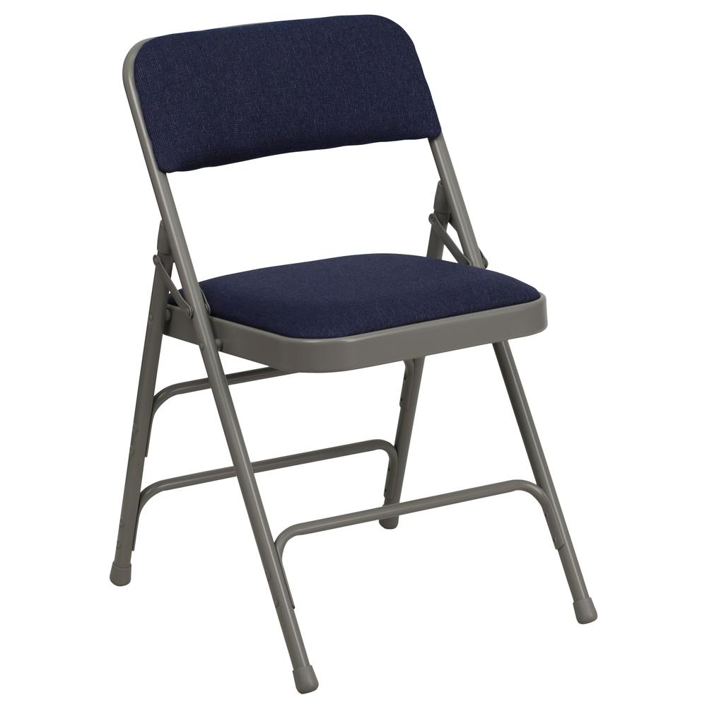 Curved Triple Braced & Double Hinged Navy Fabric Metal Folding Chair. Picture 3