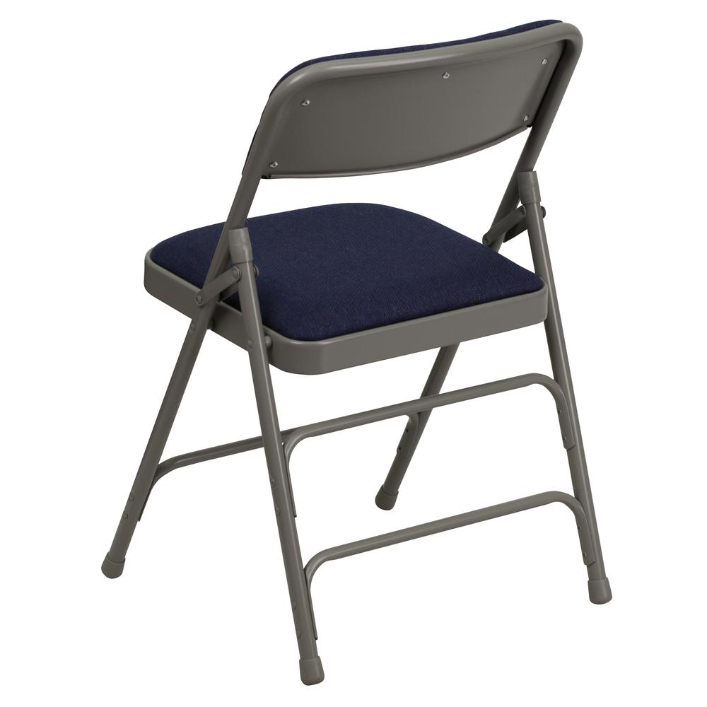 Curved Triple Braced & Double Hinged Navy Fabric Metal Folding Chair. Picture 5