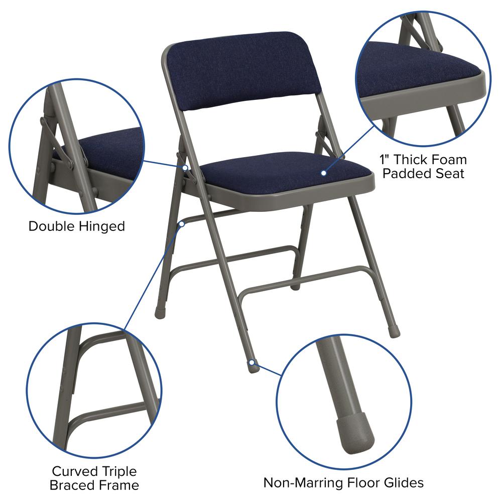 Curved Triple Braced & Double Hinged Navy Fabric Metal Folding Chair. Picture 6