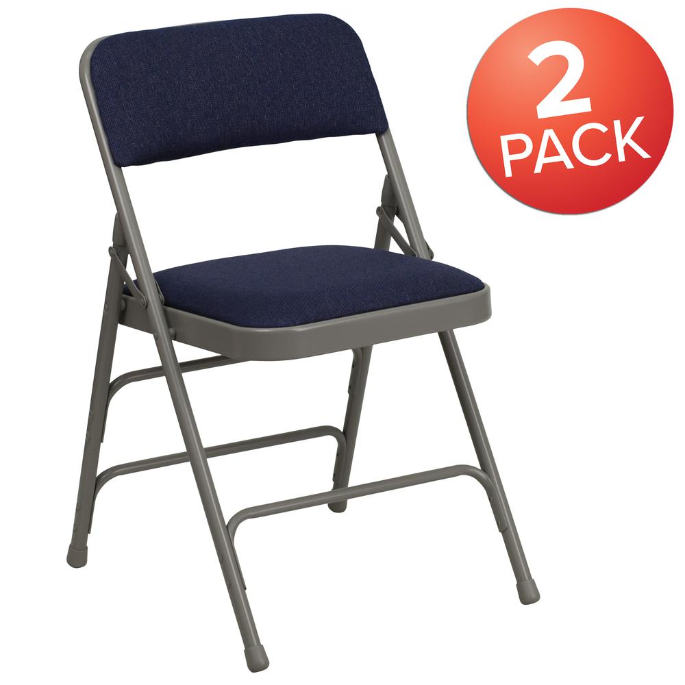 Curved Triple Braced & Double Hinged Navy Fabric Metal Folding Chair. Picture 9