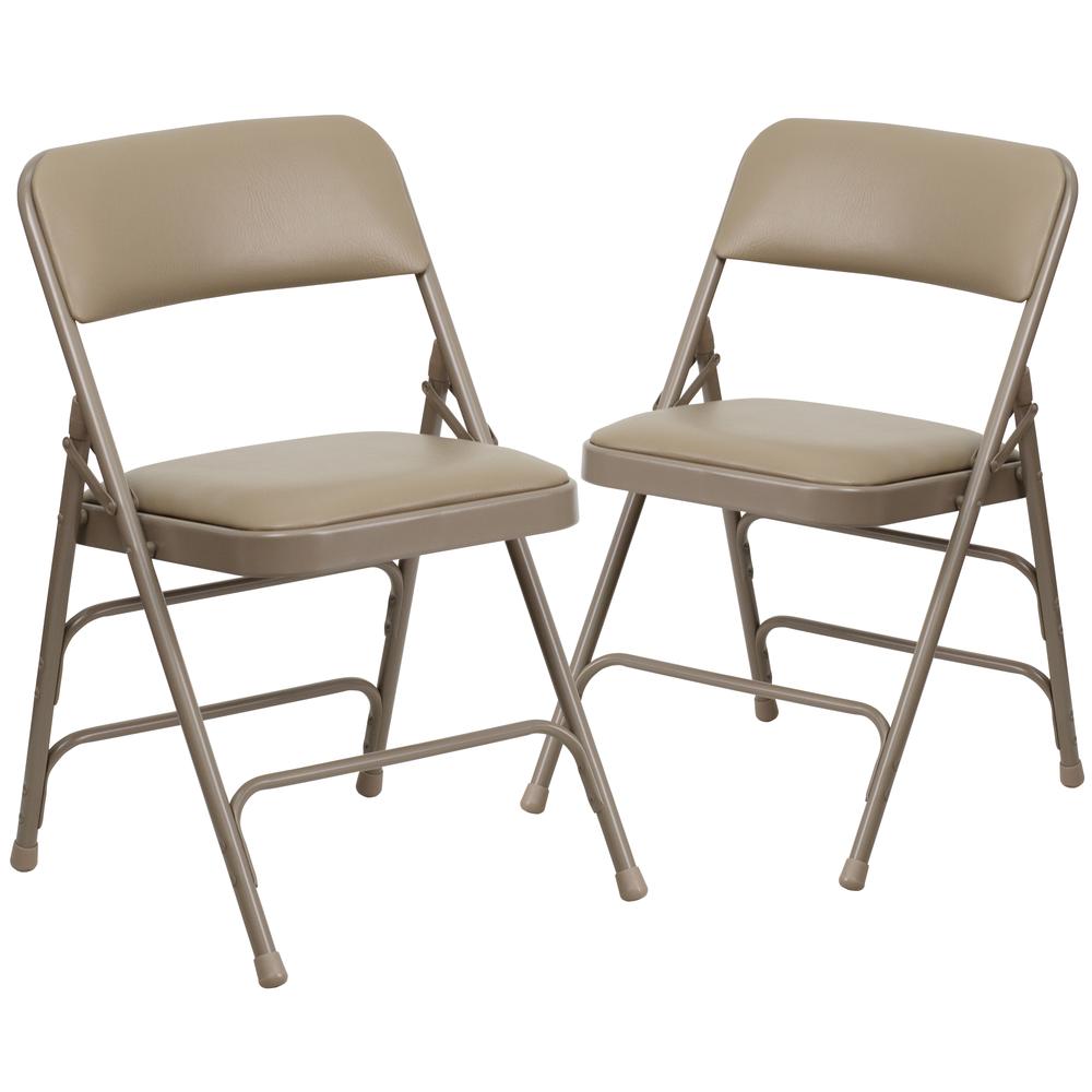 Curved Triple Braced & Double Hinged Beige Vinyl Metal Folding Chair. Picture 1