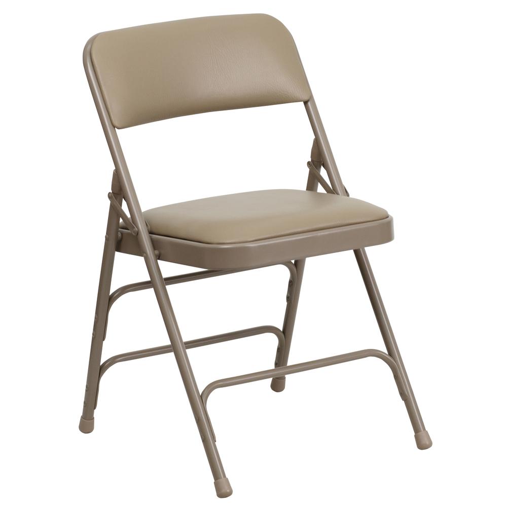 Curved Triple Braced & Double Hinged Beige Vinyl Metal Folding Chair. Picture 3