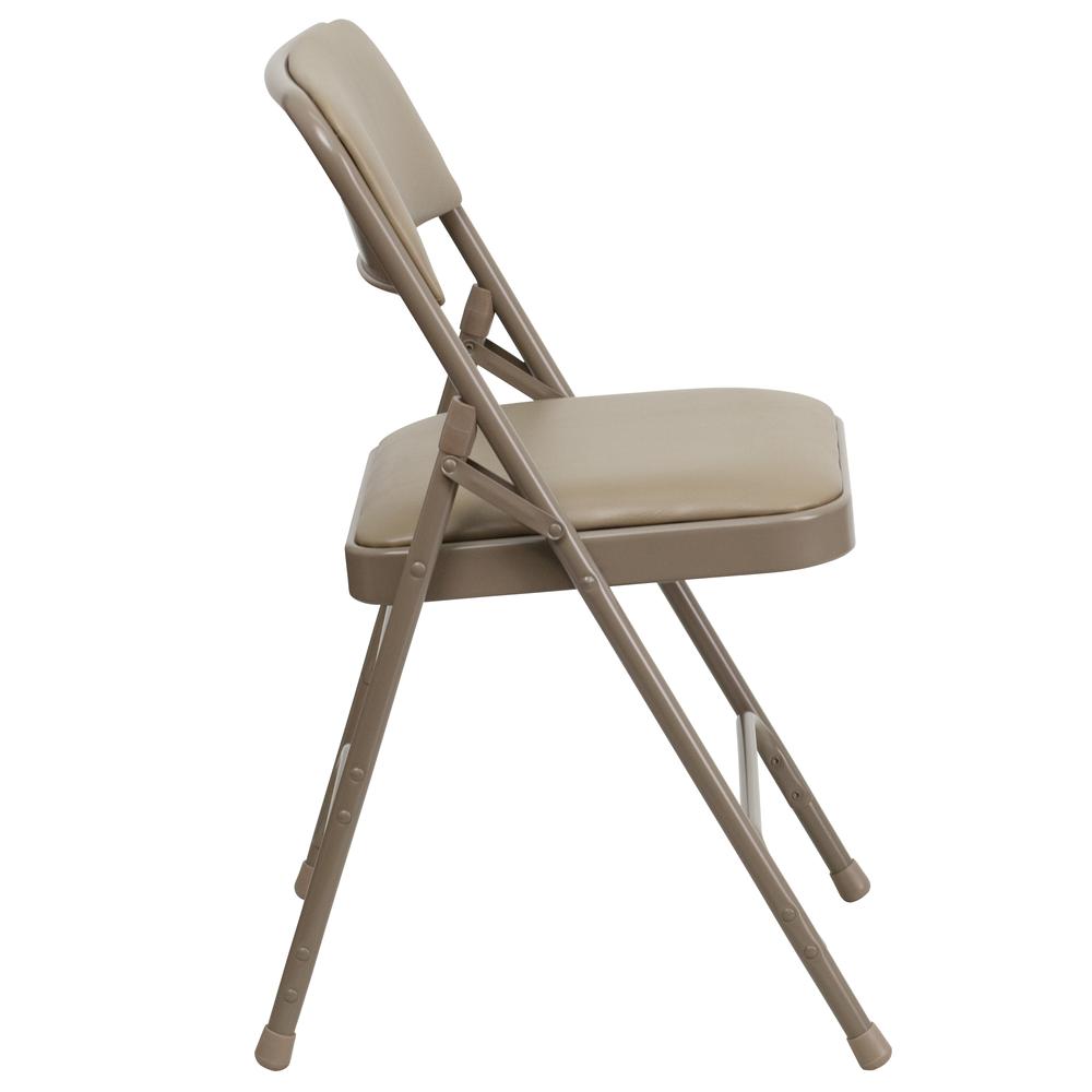 Curved Triple Braced & Double Hinged Beige Vinyl Metal Folding Chair. Picture 4