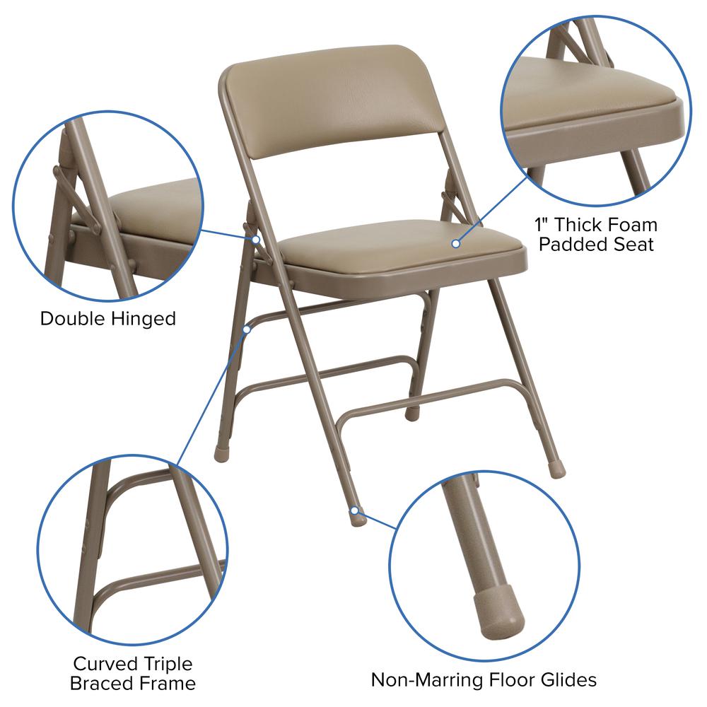 Curved Triple Braced & Double Hinged Beige Vinyl Metal Folding Chair. Picture 6
