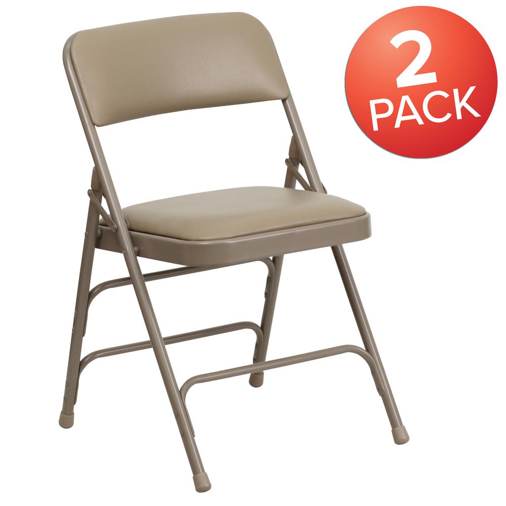 Curved Triple Braced & Double Hinged Beige Vinyl Metal Folding Chair. Picture 9