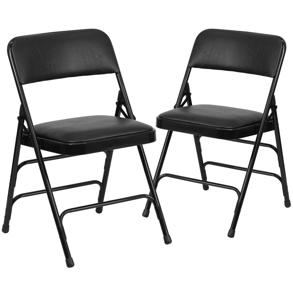 Curved Triple Braced & Double Hinged Black Vinyl Metal Folding Chair. Picture 1