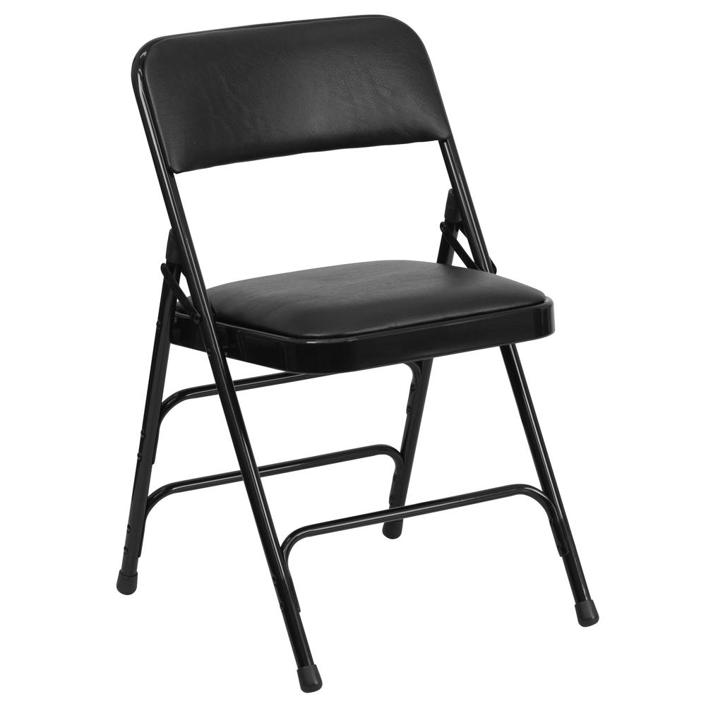 Curved Triple Braced & Double Hinged Black Vinyl Metal Folding Chair. Picture 3