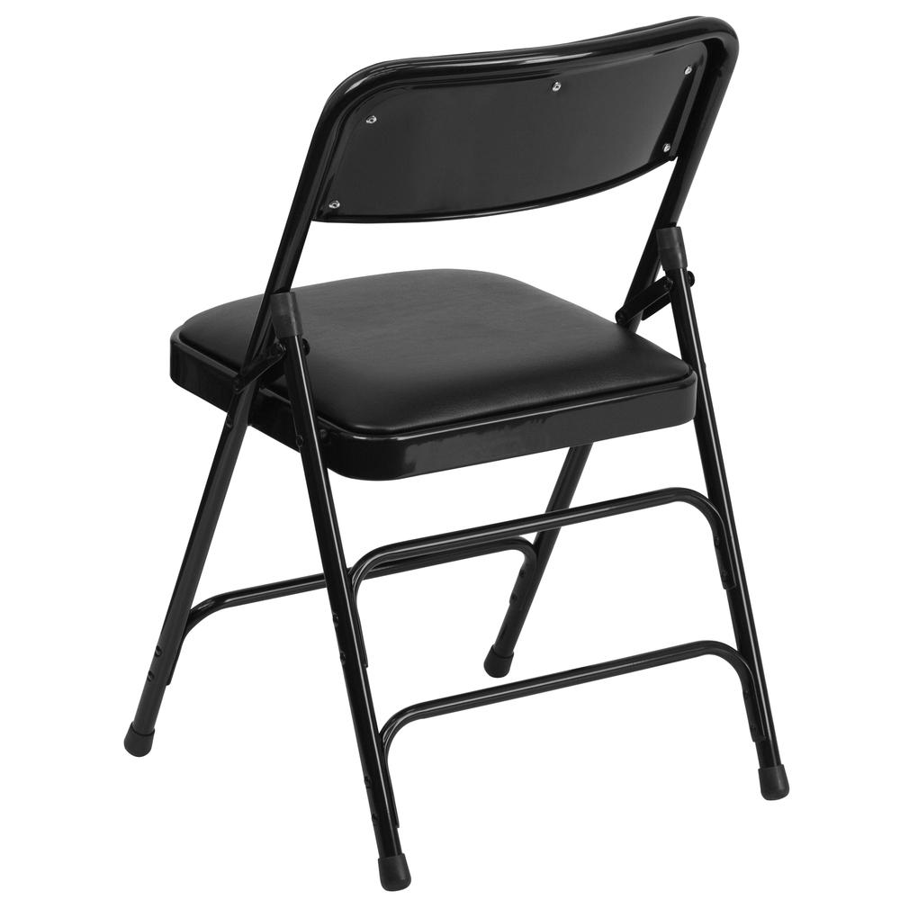 Curved Triple Braced & Double Hinged Black Vinyl Metal Folding Chair. Picture 5