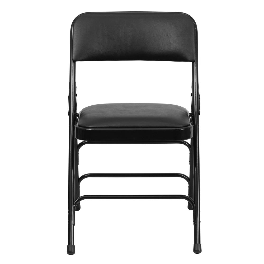 Curved Triple Braced & Double Hinged Black Vinyl Metal Folding Chair. Picture 6