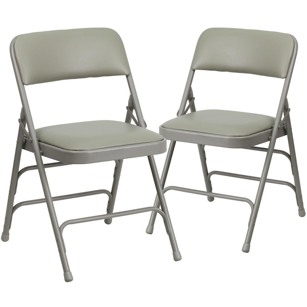 Curved Triple Braced & Double Hinged Gray Vinyl Metal Folding Chair. Picture 1