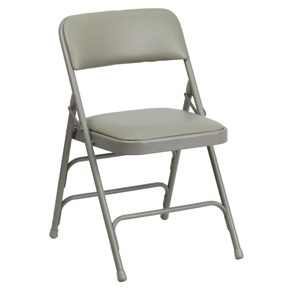 Curved Triple Braced & Double Hinged Gray Vinyl Metal Folding Chair. Picture 3