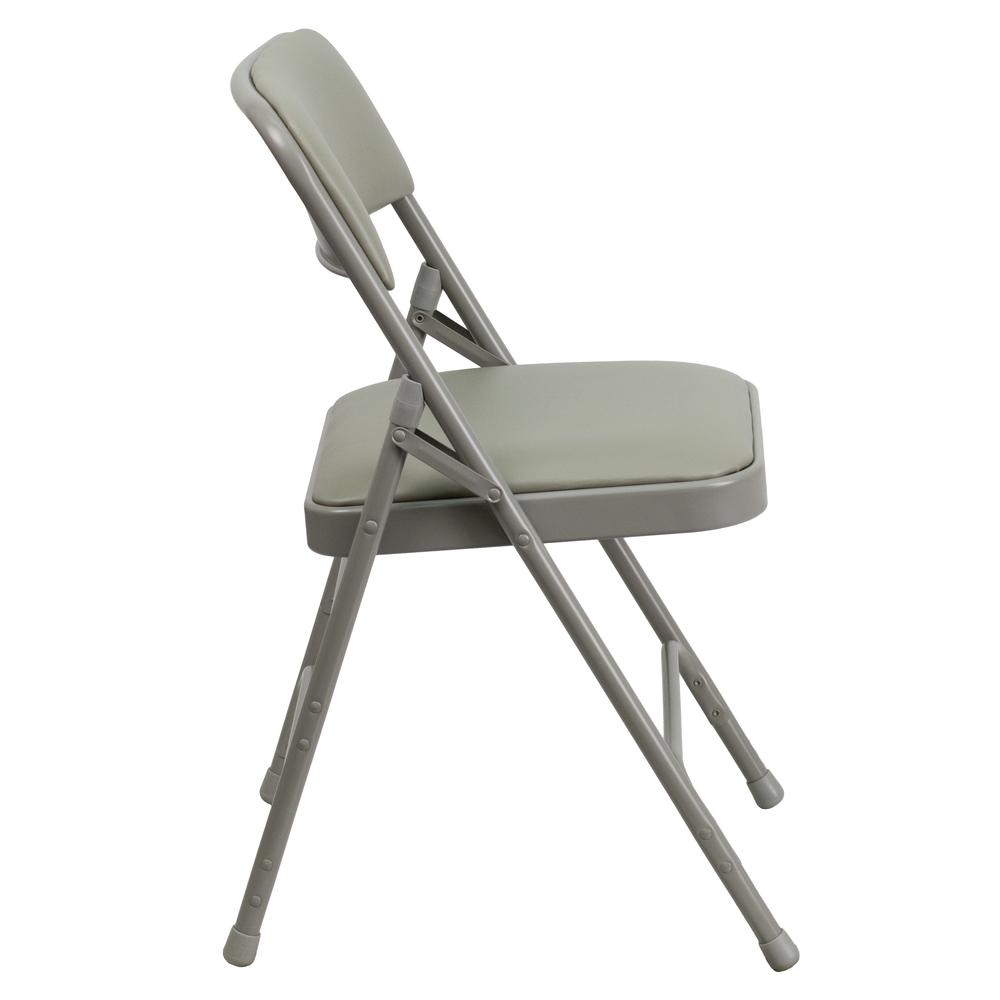 Curved Triple Braced & Double Hinged Gray Vinyl Metal Folding Chair. Picture 4