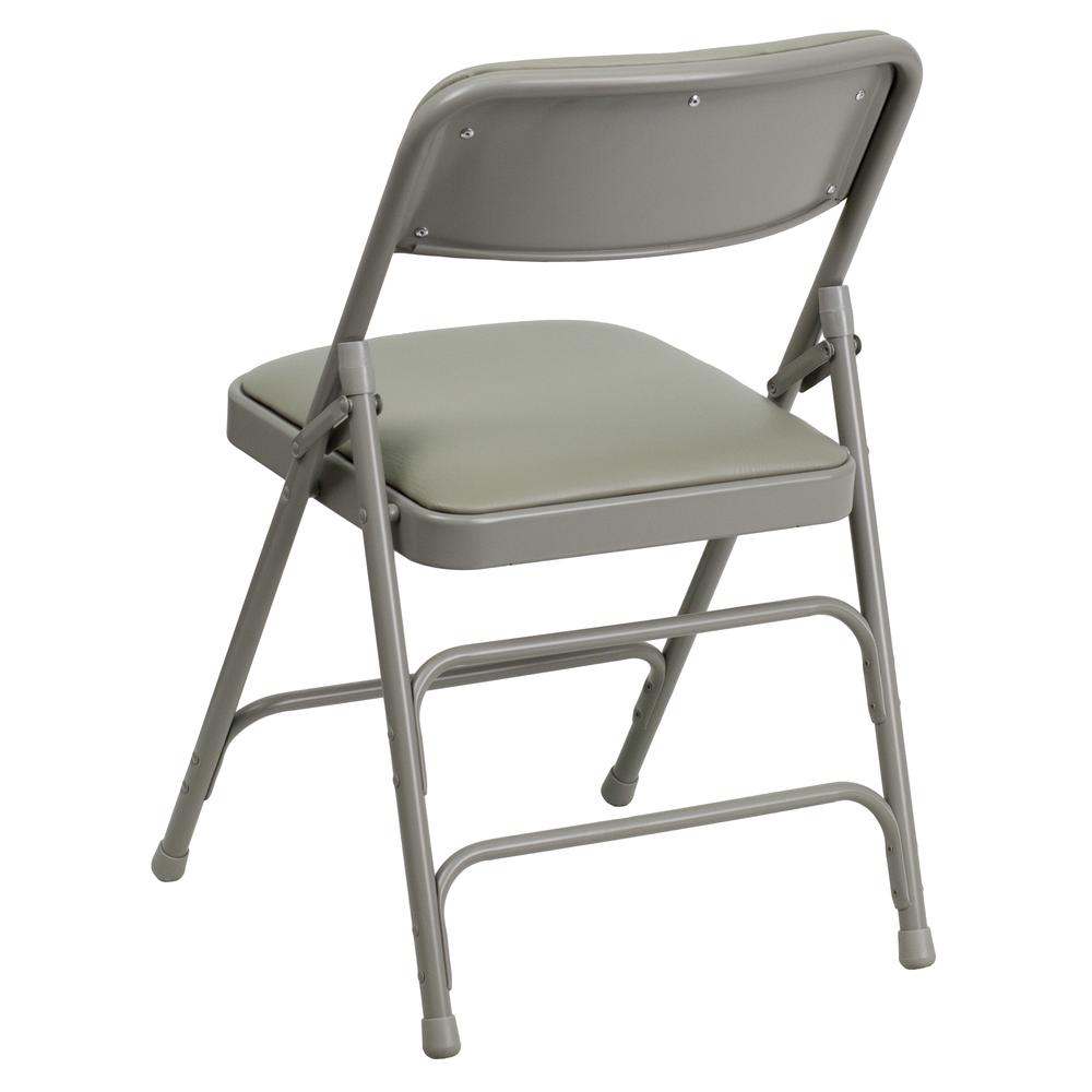 Curved Triple Braced & Double Hinged Gray Vinyl Metal Folding Chair. Picture 5