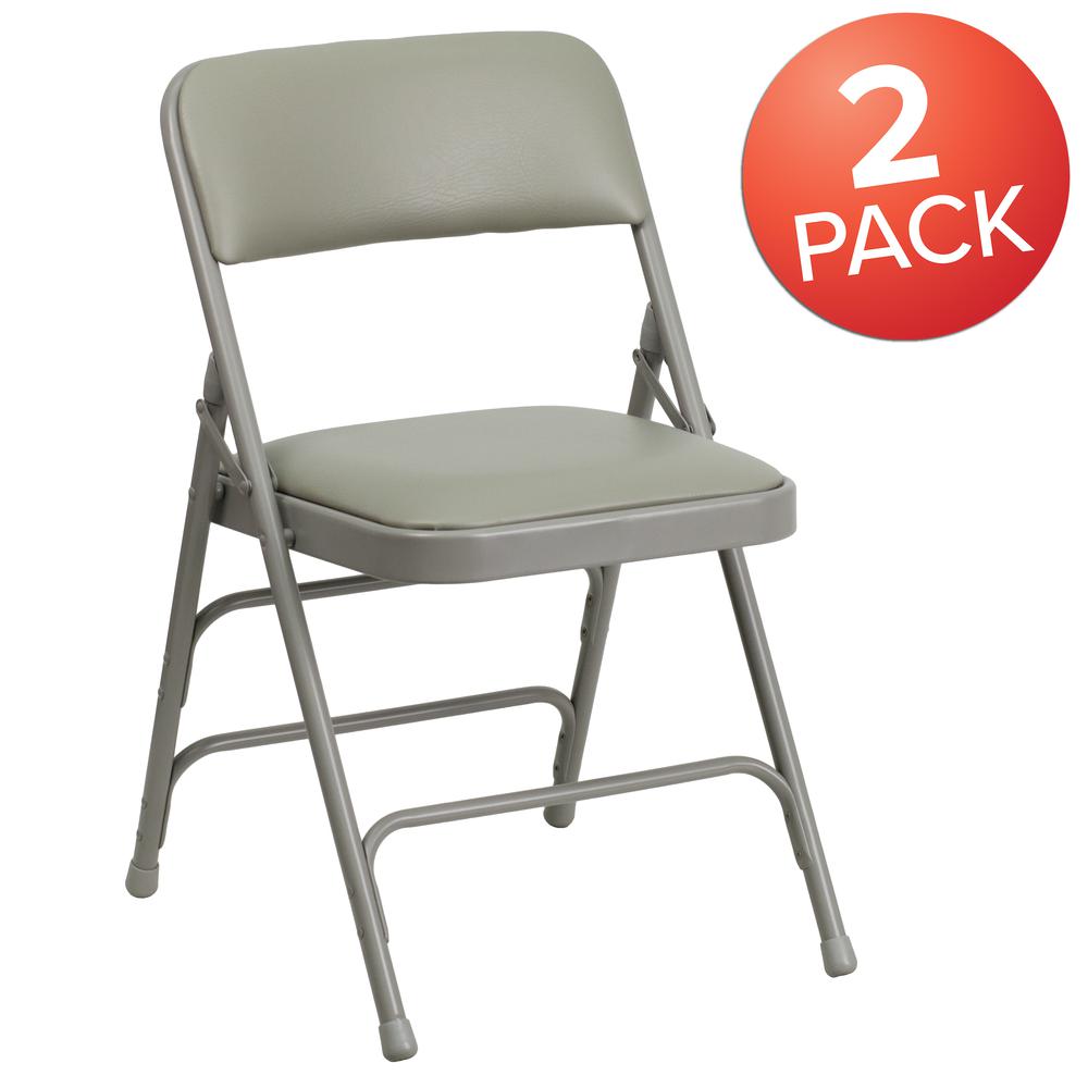 Curved Triple Braced & Double Hinged Gray Vinyl Metal Folding Chair. Picture 9