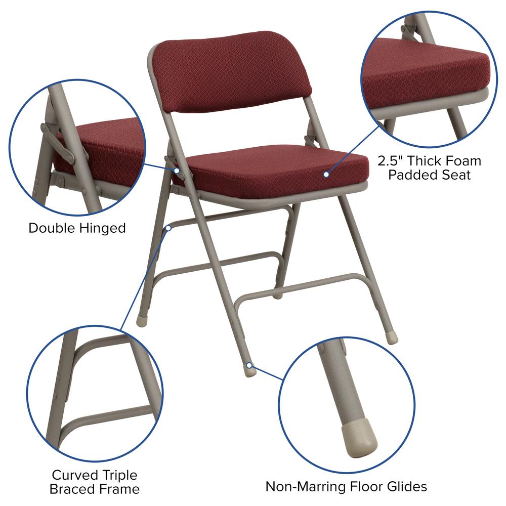18.5"W Premium Curved Triple Braced & Double Hinged Burgundy Fabric Metal Folding Chair. Picture 7