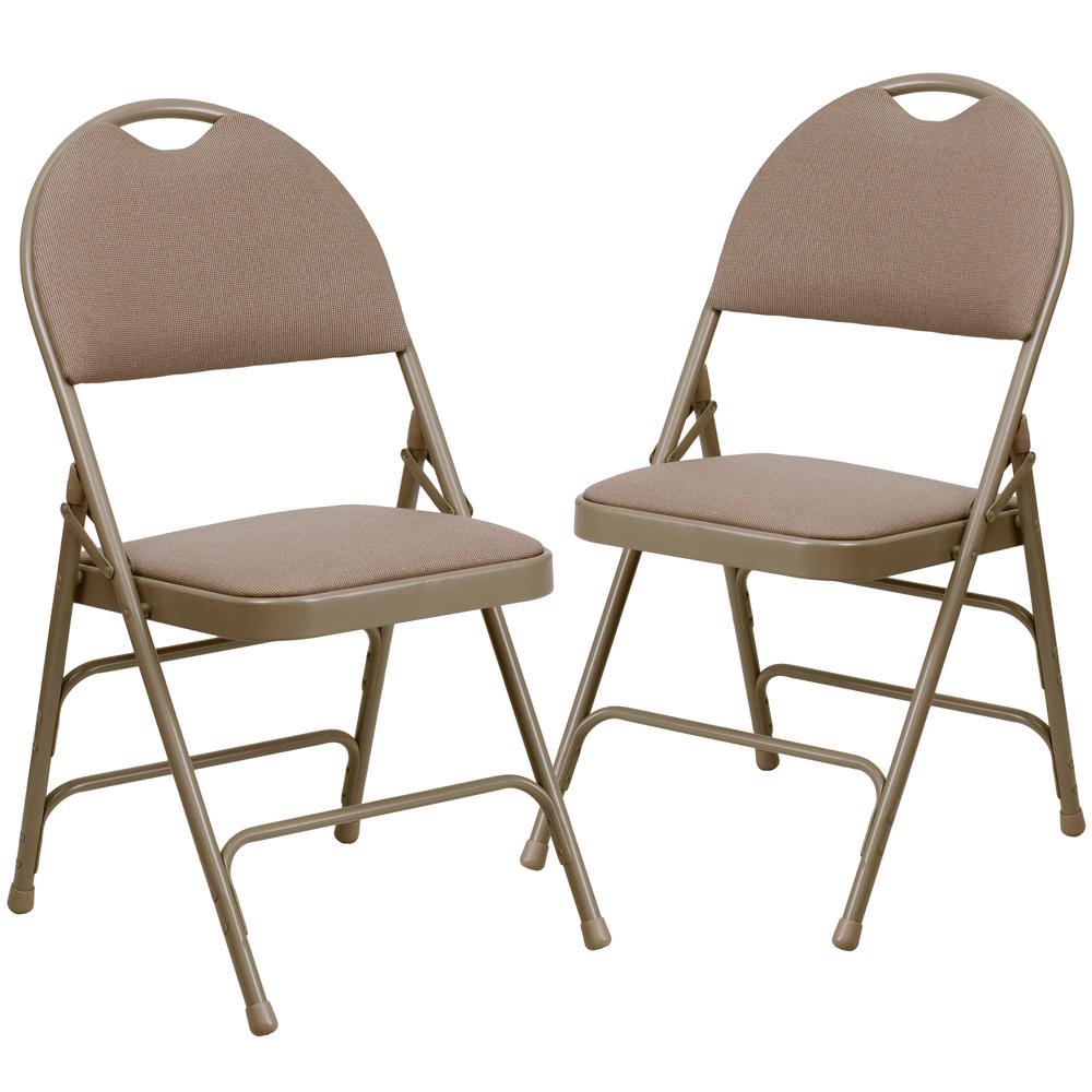 Ultra-Premium Triple Braced Beige Fabric Metal Folding Chair with Easy-Carry Handle. Picture 1