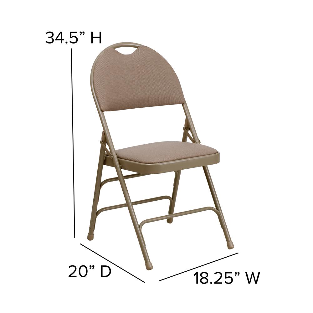 Ultra-Premium Triple Braced Beige Fabric Metal Folding Chair with Easy-Carry Handle. Picture 2