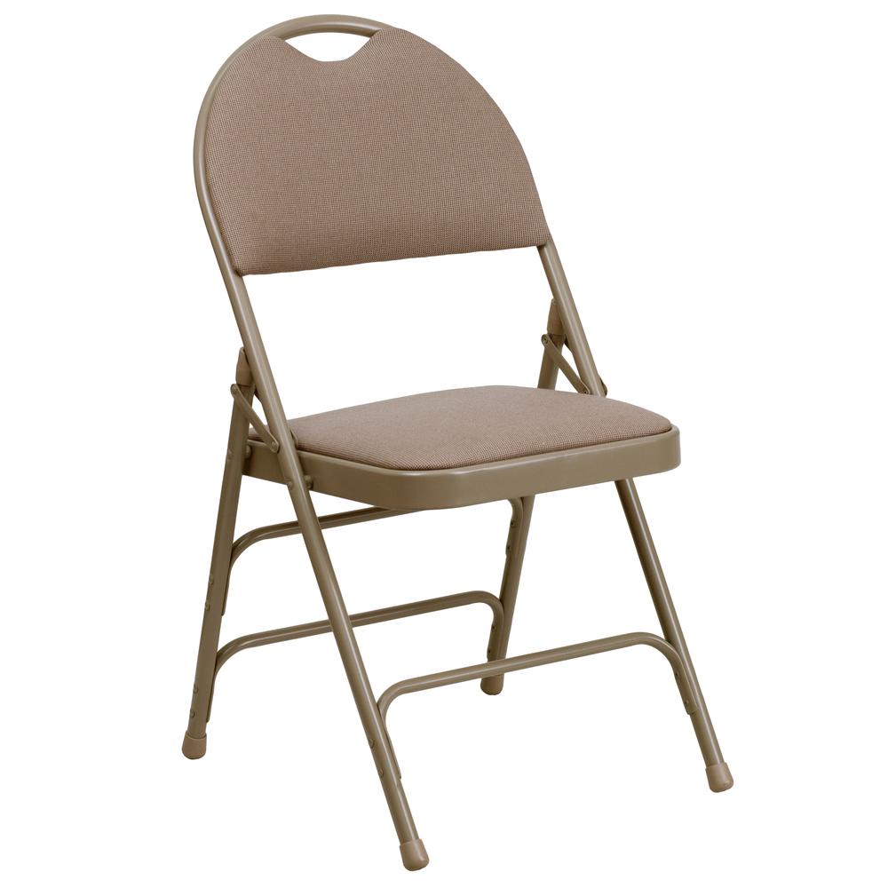 Ultra-Premium Triple Braced Beige Fabric Metal Folding Chair with Easy-Carry Handle. Picture 3