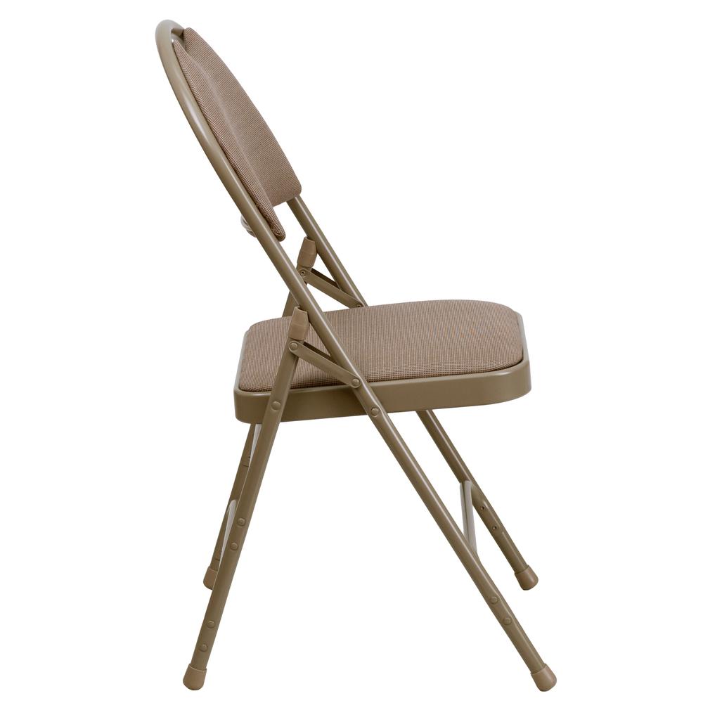 Ultra-Premium Triple Braced Beige Fabric Metal Folding Chair with Easy-Carry Handle. Picture 4