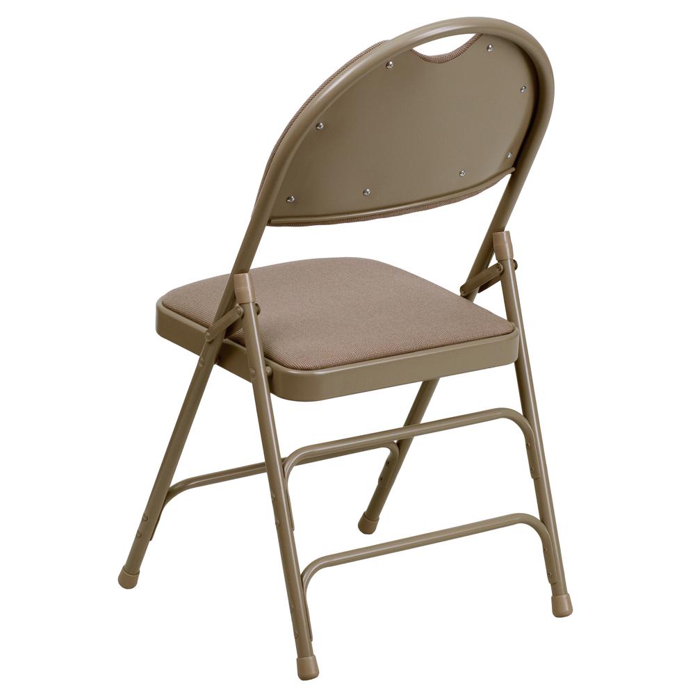 Ultra-Premium Triple Braced Beige Fabric Metal Folding Chair with Easy-Carry Handle. Picture 5