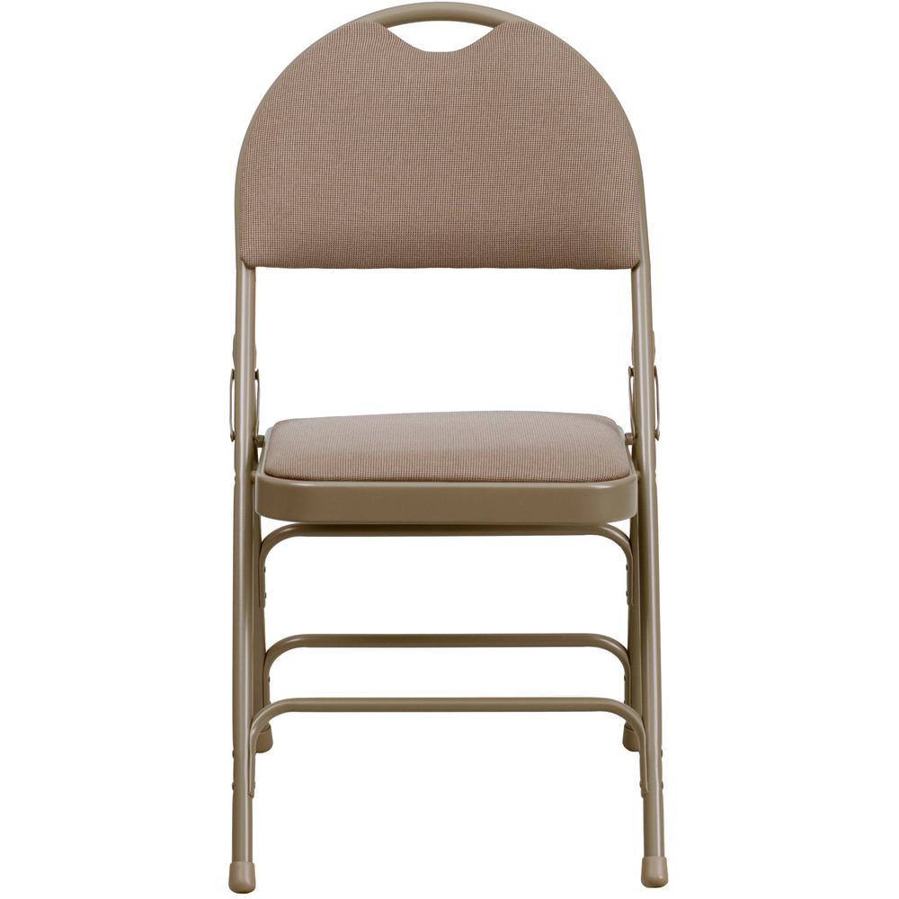 Ultra-Premium Triple Braced Beige Fabric Metal Folding Chair with Easy-Carry Handle. Picture 6