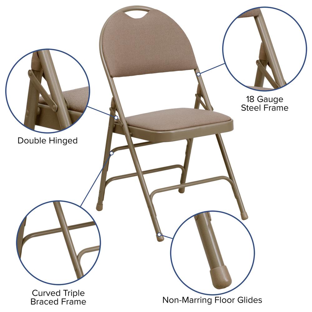 Ultra-Premium Triple Braced Beige Fabric Metal Folding Chair with Easy-Carry Handle. Picture 7