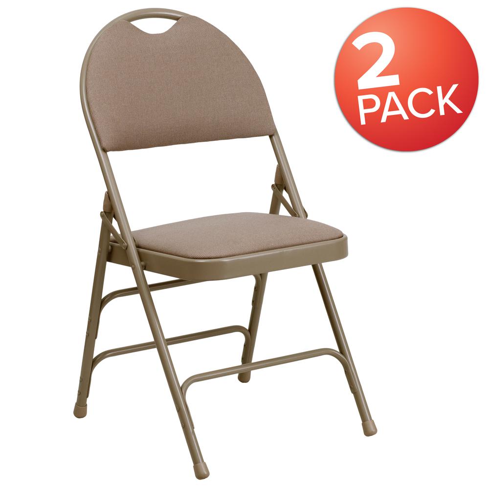 Ultra-Premium Triple Braced Beige Fabric Metal Folding Chair with Easy-Carry Handle. Picture 9