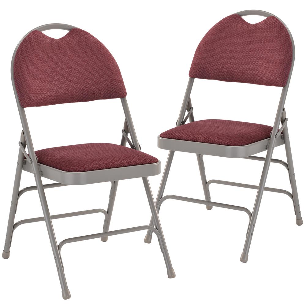 Ultra-Premium Triple Braced Burgundy Fabric Metal Folding Chair with Easy-Carry Handle. Picture 1